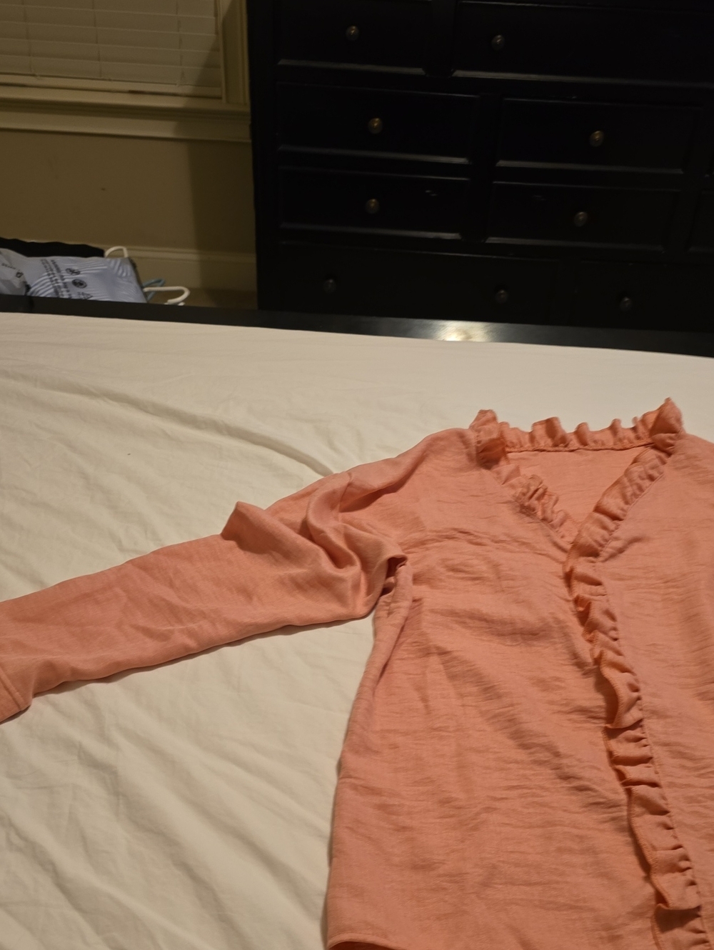 Linen Blend Long Sleave Tunic. Ruffled V-Neck Long Sleeve Top - Coral